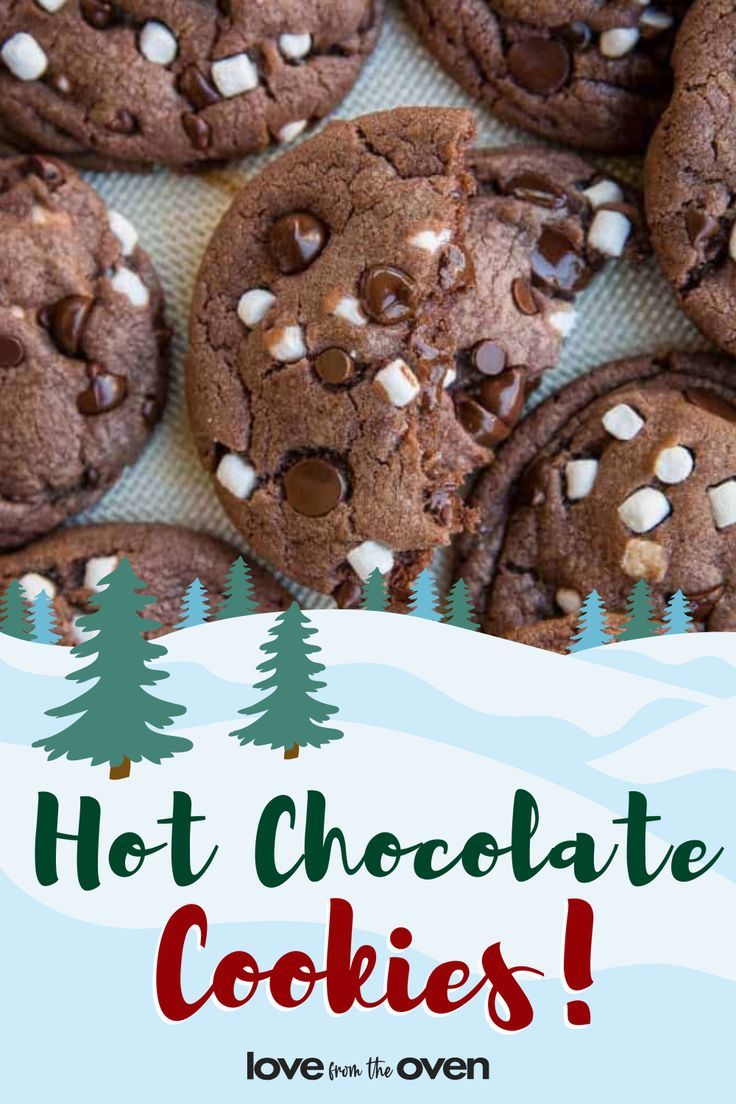 chocolate cookies with white sprinkles and christmas trees in the background text reads hot chocolate cookies love on it's own