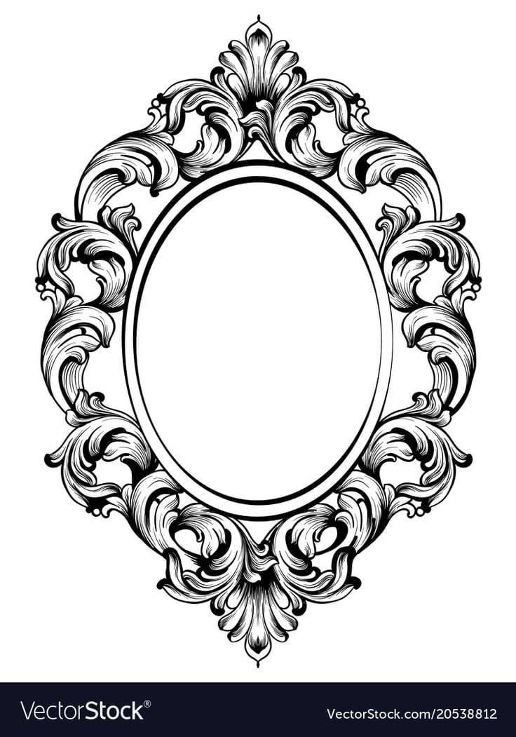 an ornate round frame in black and white