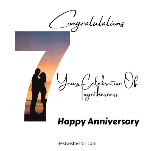 a happy anniversary card with the number seven and an image of a couple kissing each other