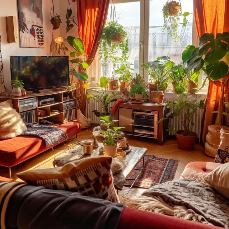 a living room filled with lots of plants next to a large window covered in curtains