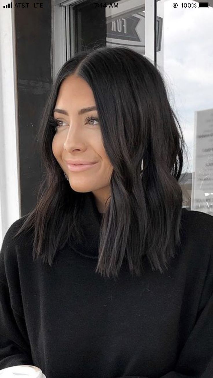 Black Long Bob Haircut, Black Hair On Brunettes, Dark Straight Medium Length Hair, Dark Brown Almost Black Medium Length Hair, Cool Brown Black Hair, Dark Midlength Hairstyles, Tia Booth Hair Short, Brunette Hair Medium Length Haircuts, Dark Hair For Brown Eyes