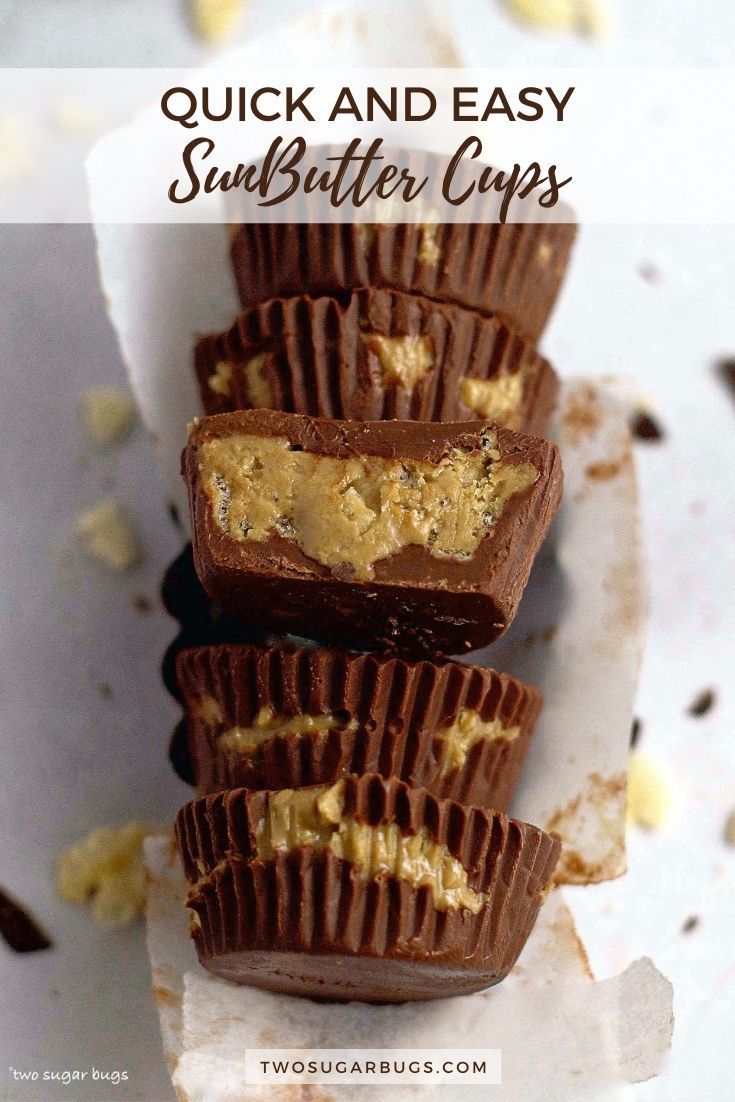 three chocolate peanut butter cups stacked on top of each other with the title text overlay