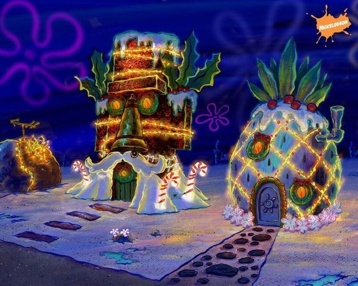 an animated christmas scene with lights and decorations on the ground, including a large pineapple