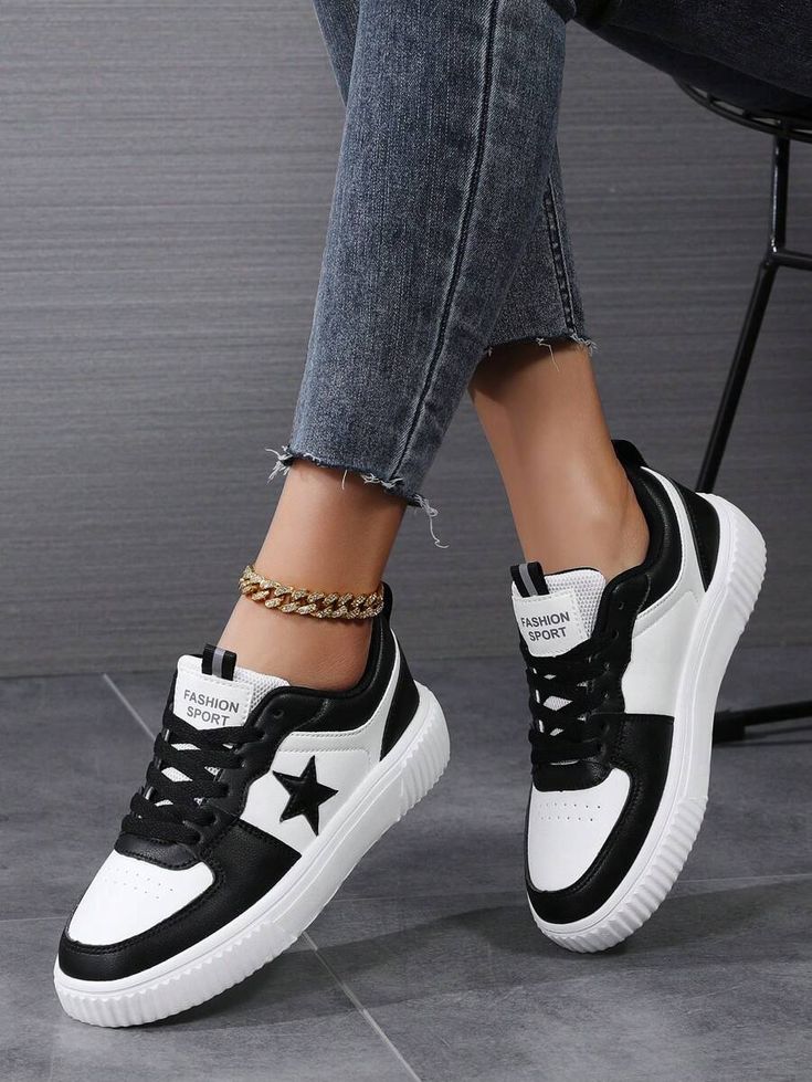 Style:Fashionable \nColor:Black and White \nToe:Round Toe \nPattern Type:Colorblock \nPattern Type:Plain \nStrap Type:Lace Up \nSize Fit:Half-Size Bigger \nUpper Material:PU Leather \nLining Material:Mesh \nPower Supply:None \n Women Shoes Black, Black Sneakers Women, White Casual Sneakers, Daily Shoes, Sneakers Women, Women Sports, Lacing Sneakers, Casual Sport Shoes, Light White