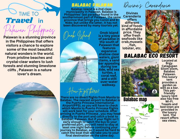 a travel brochure with pictures and captions about the places in palawan, philippines