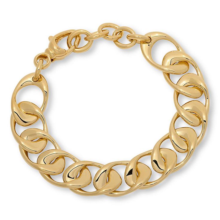 Soave Oro 14K Gold Electroform Curb Link Chain 7" Bracelet  Crafted from 14K yellow gold electroform over resin, this oversized curb-link chain bracelet makes a bold, stylish statement on your wrist any time.       Approx. 7"L x 1/2"W with 1" extender; fits 6-3/4" to 7-1/2" wrist     14K yellow gold electroformed over an inner core of resin     Lobster claw clasp Gold-tone Chain Link Jewelry With Polished Finish, Modern Yellow Gold Chunky Chain Jewelry, Gold-tone Gold Bracelet With Chunky Oval Link Chain, Modern Jewelry With Curb Chain Oval Link, Modern Jewelry With Oval Link Curb Chain, Modern Gold-tone Bracelet With Chunky Chain, Modern Gold Chain Bracelet With Polished Finish, Yellow Gold Bracelet With Chunky Oval Link Chain, Gold Plated Link Chain Bracelet With Polished Finish