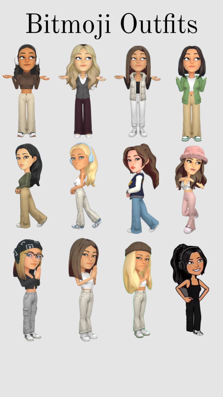 some cartoon people are standing together with their hands on their hipss and the words bitmoji outfits above them