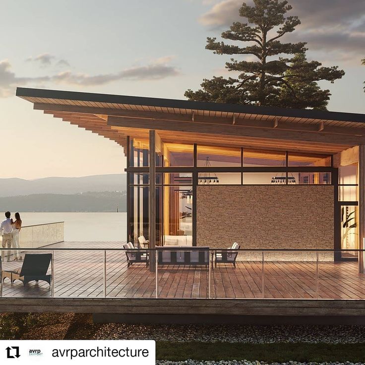 an artist's rendering of a house on the water with two people standing outside