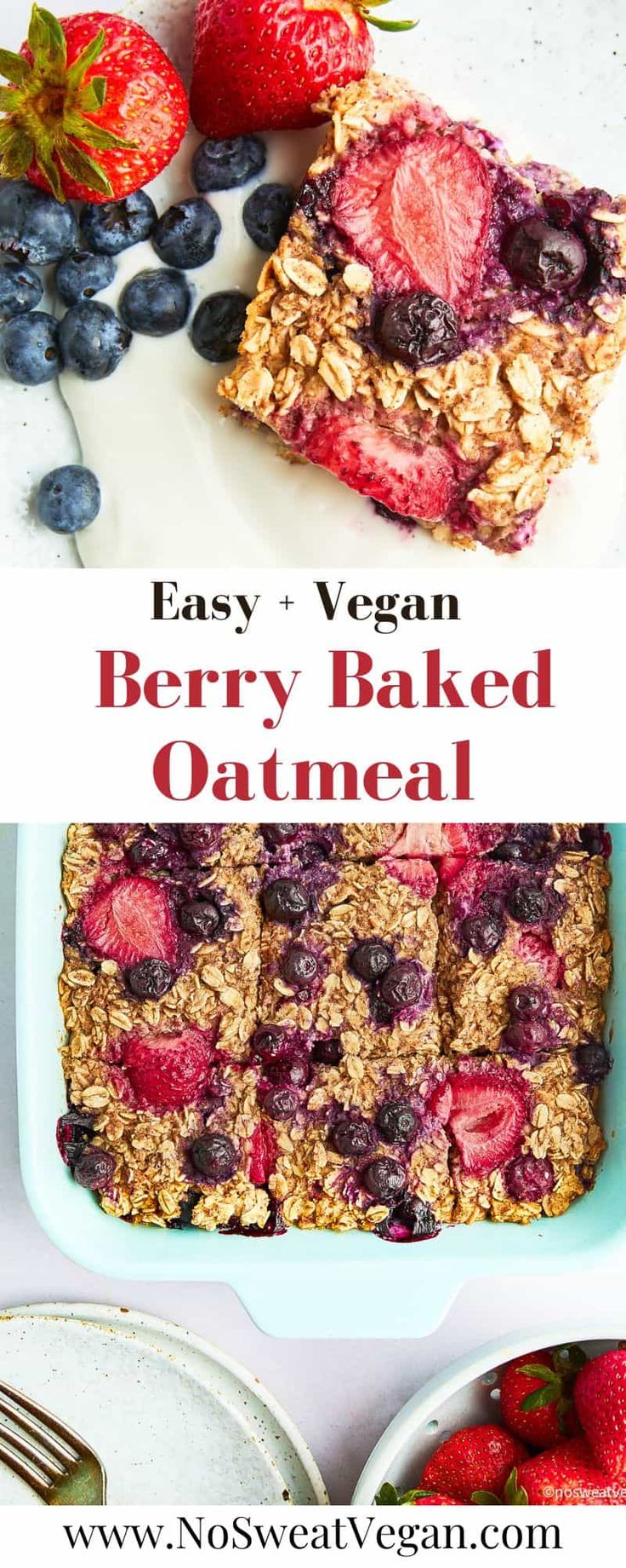 berry baked oatmeal with blueberries and strawberries in the background