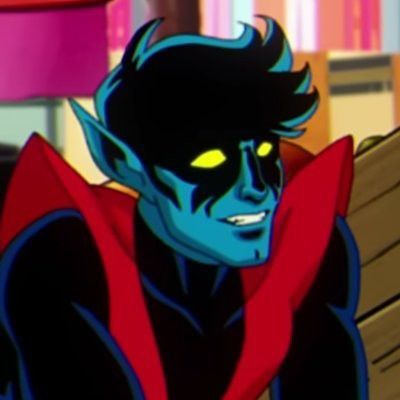 an animated image of a demon with yellow eyes and black hair, wearing a red hoodie