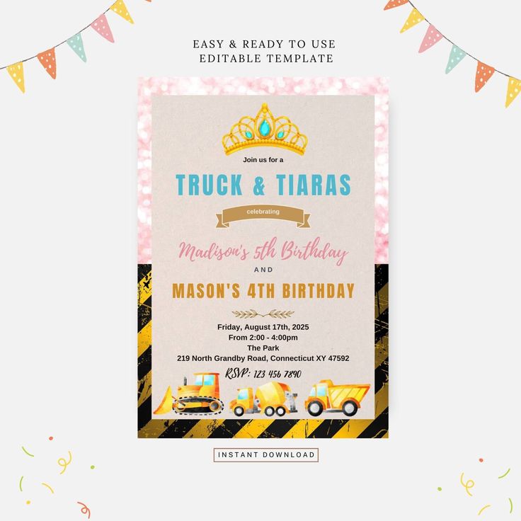 a birthday card with a construction truck on it and a banner above the card reads, trucks & tiaras