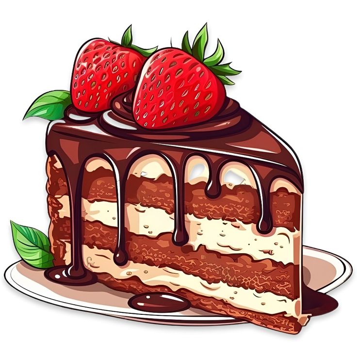 a piece of chocolate cake with two strawberries on top and drizzled in chocolate