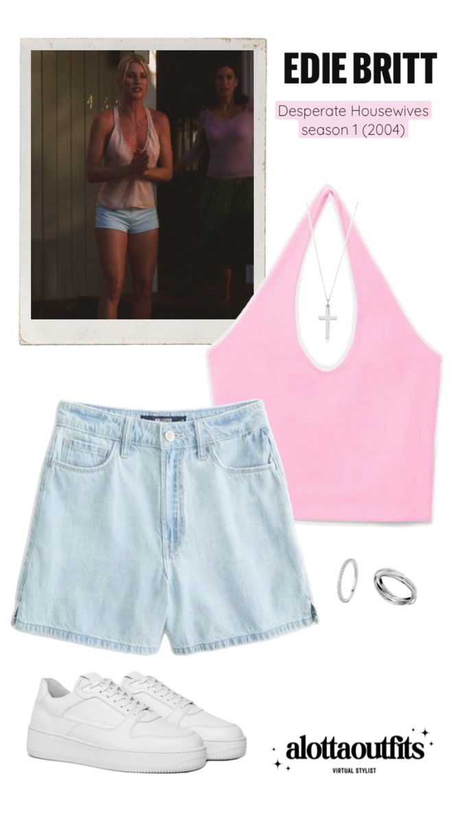 Edie Britt inspired outfit featuring a pink halter top, denim shorts and silver jewelry Confident Outfits, Edie Britt, Confident Outfit, Desperate Housewives, Virtual Stylist, Bold Fashion, Season 1, Style Icons