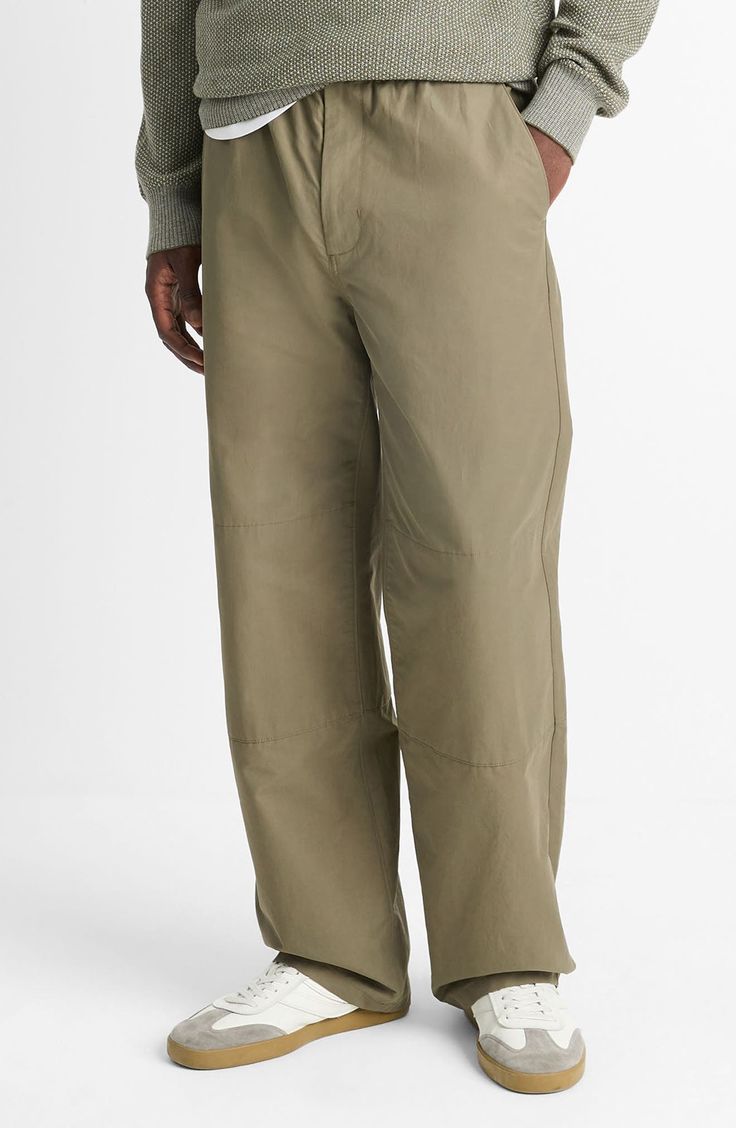 This reinterpretation of early-'80s parachute pants are defined by a roomy, relaxed fit and cut from a nylon-infused cotton blend that delivers a utilitarian feel along with cool, breathable comfort. Zip fly with hook-and-bar closure Elastic waist Front slant pockets; back welt pockets 64% cotton, 36% nylon Machine wash, tumble dry Imported Relaxed Fit Wide Leg Utility Parachute Pants, Utility Wide Leg Parachute Pants With Relaxed Fit, Khaki Relaxed Fit Full-length Parachute Pants, Khaki Parachute Pants With Relaxed Straight Leg Fit, Relaxed Fit Wide-leg Cargo Pants For Outdoor, Relaxed Fit Wide Leg Nylon Parachute Pants, Cotton Full-length Parachute Pants For Outdoor, Cotton Full Length Parachute Pants For Outdoor, Outdoor Full Length Cotton Parachute Pants