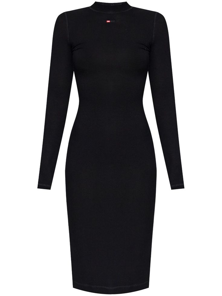 black stretch-jersey ribbed knit mock neck long sleeves embroidered logo to the front straight hem mid-length slip-on style Fall Winter Dresses, Midi Dress Black, City Dress, Summer Beach Wear, Black Midi Dress, Black Stretch, Winter Dresses, Fashion Ideas, Mid Length