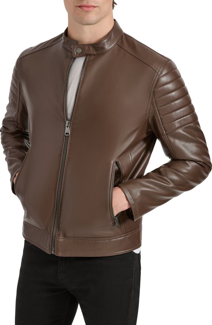 Ride off into the sunset in this sleek moto jacket expertly crafted from faux leather. 26 1/2" length Front zip closure Band collar Front zip pockets Lined 100% rayon with 100% polyurethane coating Spot clean Imported Leather Jacket With Zipper For Fall, Leather Jacket With Zipper Closure For Fall, Fitted Faux Leather Moto Outerwear, Fitted Faux Leather Moto Jacket, Moto Faux Leather Outerwear With Zipper Closure, Fitted Moto Outerwear In Faux Leather, Moto Outerwear With Zipper Closure In Faux Leather, Moto Outerwear With Zipper In Faux Leather, Solid Biker Outerwear With Zipper Closure