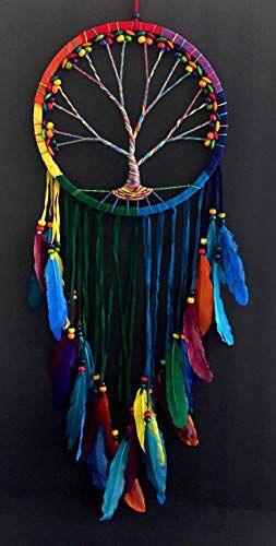 a colorful dream catcher hanging on a black wall