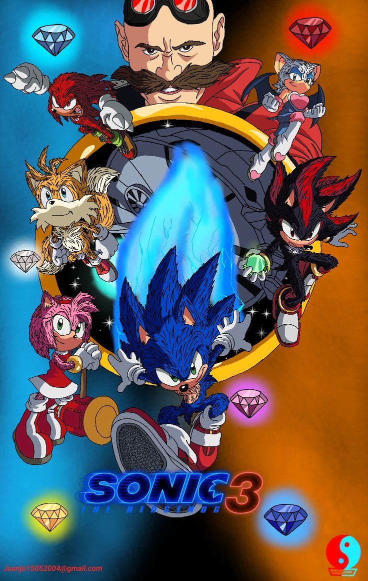 sonic the hedgehog movie poster with many characters around it, including an evil man