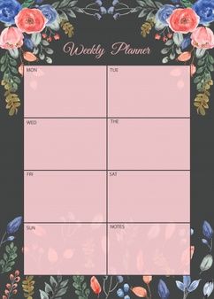 the weekly planner is shown with flowers and leaves on black background, including pink roses