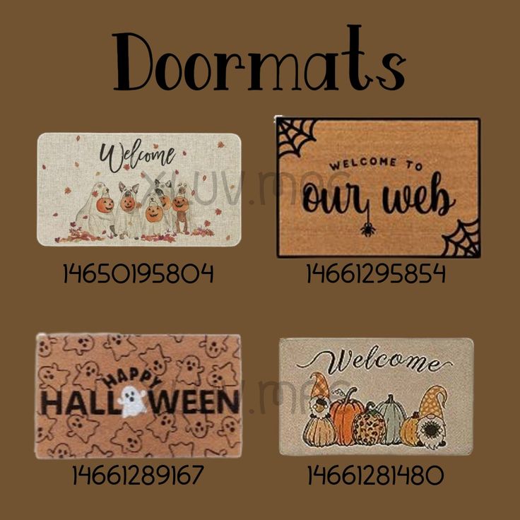 four door mats with the words welcome to our web and halloween decorations on them,