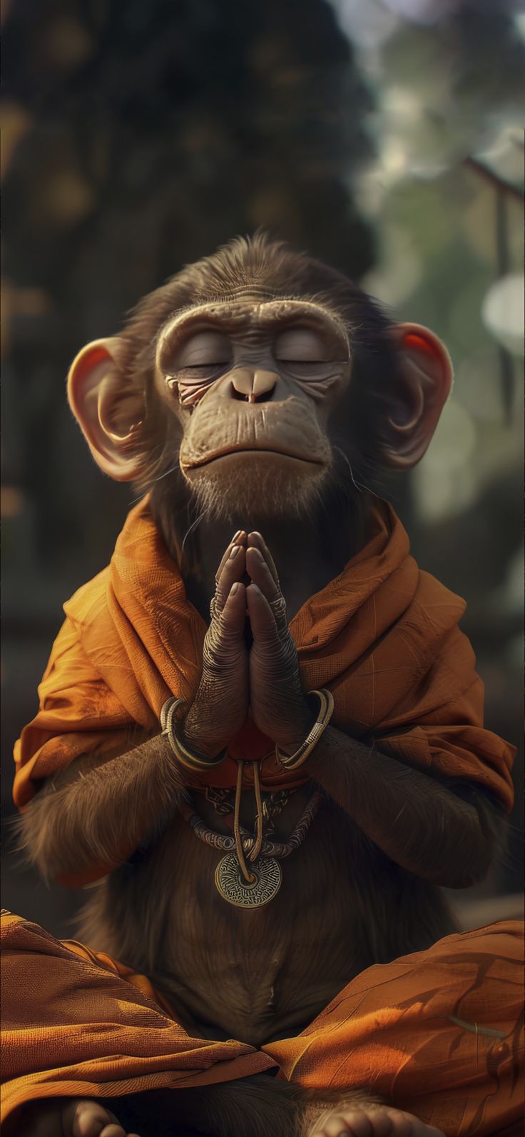 a monkey sitting on the ground with his eyes closed and hands folded in front of him