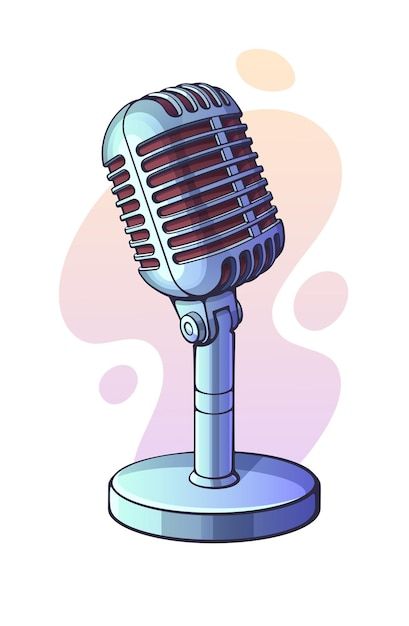 an old fashioned microphone on a stand, with the background in pastel blue and pink