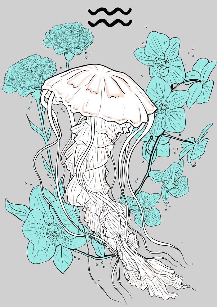 a drawing of a jellyfish surrounded by flowers