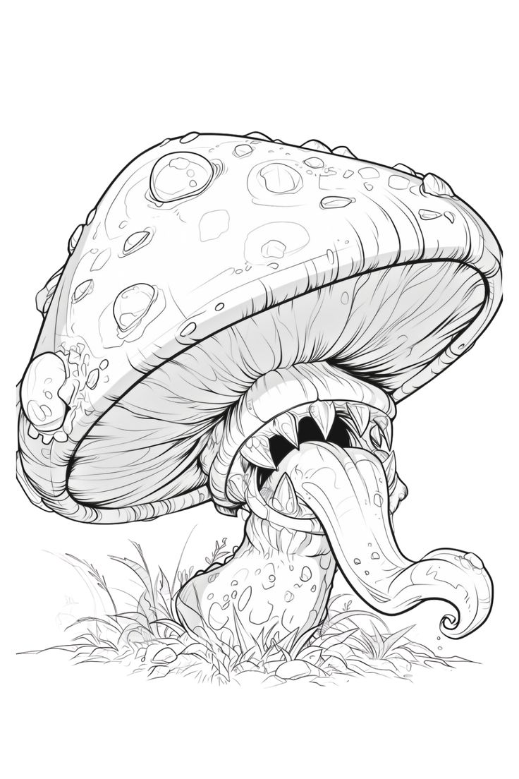 a drawing of a mushroom with its mouth open and tongue out, sitting in the grass