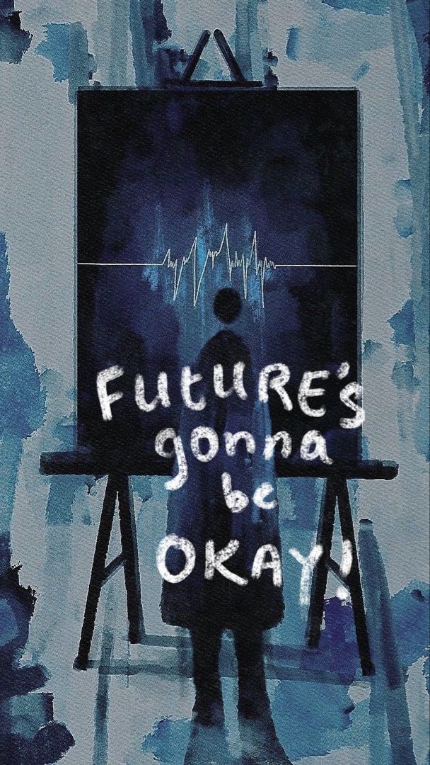 a person standing in front of a painting with the words future's gonna be okay