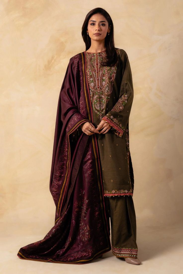 Brand new. 100% Original Zara Shahjahan Coco Winter ZW23-2A Please read the notes below carefully before placing the order. Fabric details: Embroidered Plain Khaddar Front 1.38 Yard Embroidered Back on Plain Khaddar 1.38 Yard Embroidered Sleeve on Khaddar 1.38 Yard Embroidered Back Motif 1 Pc Embroidered Corner 2 Pcs Embroidered Border 1.60 Yard Embroidered Stripe 5 Yards Embroidered Trouser Border 1.4 Yard Printed Polyester Shawl 2.7 Yard Plain Khaddar trouser 2.7 Yard Note: 1) Please select the preferred size from the list or message me if you would like custom-made. 2) Size chart is mentioned in the listing pictures. 3) If you choose to purchase the suit in the form of unstitched fabric, you will receive the fabric that is mentioned under fabric details. No extra accessories (faux pearl Zara Shahjahan, Green Dupatta, Dress Salwar Kameez, Pakistani Salwar Kameez, Desi Clothes, Linen Fashion, Embroidered Border, Shalwar Kameez, Suit Fabric