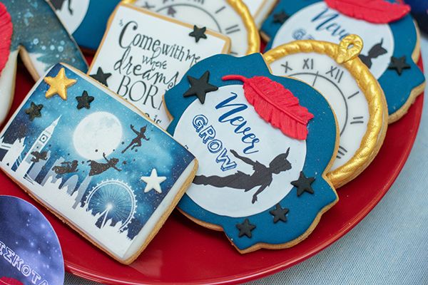 decorated cookies are on a red plate