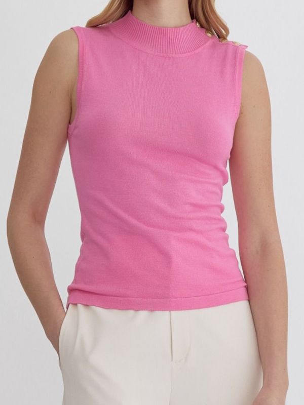 Add a touch of quirkiness to your wardrobe with the LYDIA HIGH NECK SLEEVELESS TOP. Featuring button detail at the shoulder and available in three fun colors, this knit top is perfect for those who don't take themselves too seriously. Style with your favorite jeans for a unique and fun outfit. 100% Nylon See size chart in photos. Pink Fitted Crew Neck Tank Top, Pink Fitted Knit Top, Fitted Crew Neck Tank Top For Spring, Fitted Fine Knit Crew Neck Tank Top, Spring Pink Crew Neck Tank Top, Pink Crew Neck Tank Top For Spring, Pink Crew Neck Knit Top Casual, Pink Cotton Crew Neck Knit Top, Pink Crew Neck Knit Top Casual Style