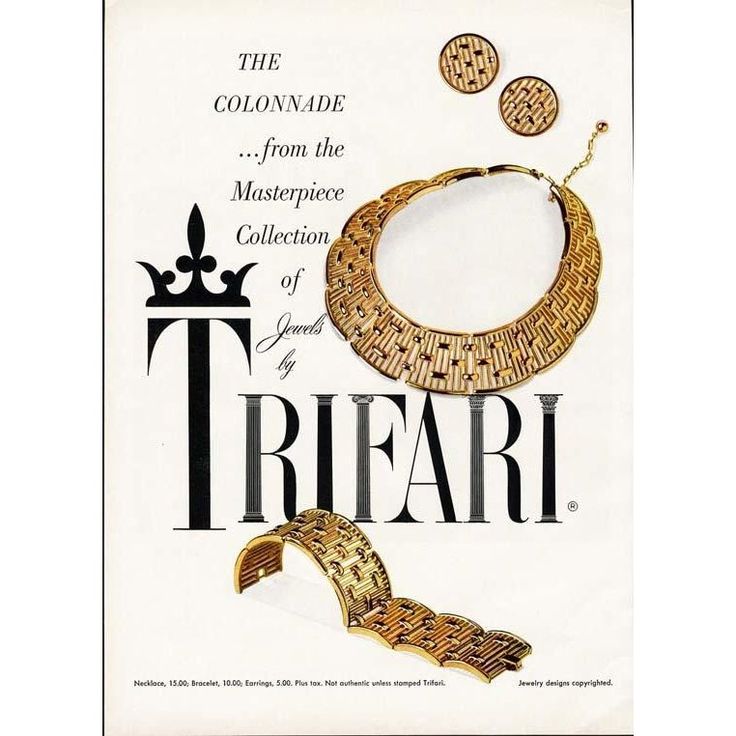 This is part of Chairish’s Costume Jewelry assortment.  Goldtone wide "woven" collar necklace with hook clasp. Marked "Trifari."  Center: 1 1/8 inches across. About 15 3/4 inches interior cirfumference. Condition: Very good; minor wear to goldtone primarily on the back. An identical necklace was featured in a 1956 advertisement. Jewelry Advertisement, Vintage Baubles, Jewellery Advertising, Jewelry Ad, Antique Costume Jewelry, 1960s Jewelry, Napier Jewelry, Vintage Jewelry Crafts, Trifari Jewelry