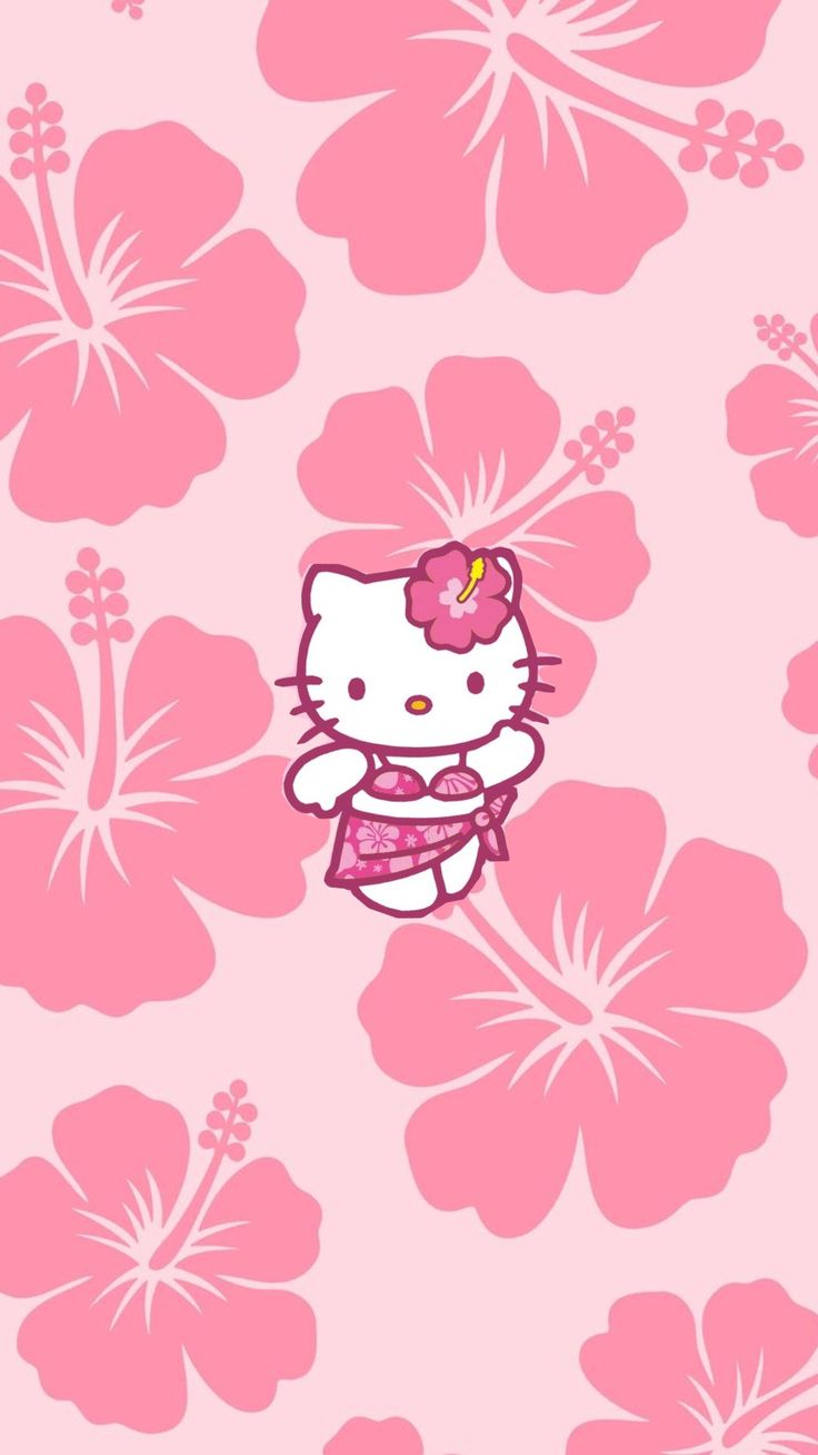 the hello kitty wallpaper is pink and has flowers on it, as well as a flower