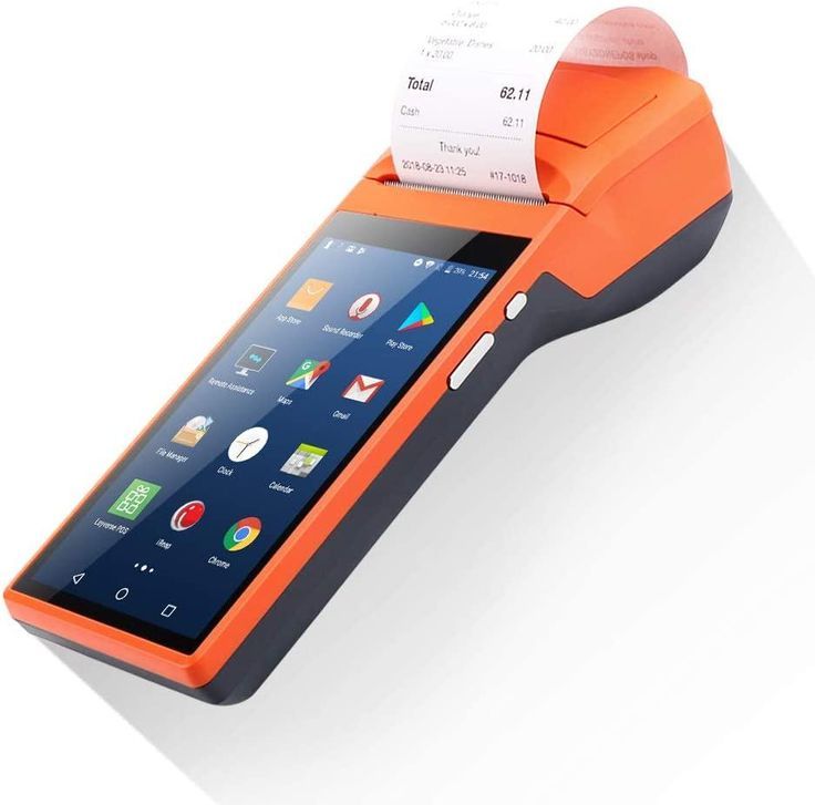 an orange and black device with a receipt in it's holder on the side