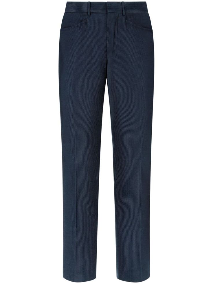 blue cotton concealed front fastening belt loops tailored cut tapered leg Cotton Trousers, Tailored Pants, Tapered Legs, Tom Ford, Ford, Trousers, Pants, Blue, Clothes