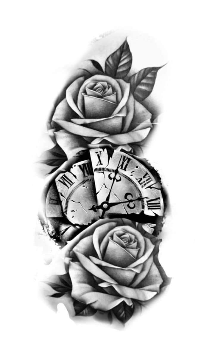 a rose and clock tattoo design on the arm