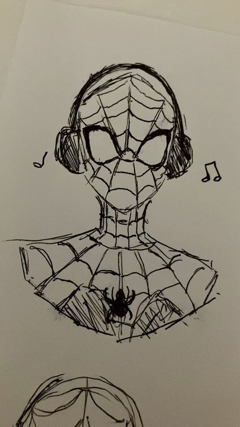 two drawings of spider - man and woman's heads, one with music notes on it