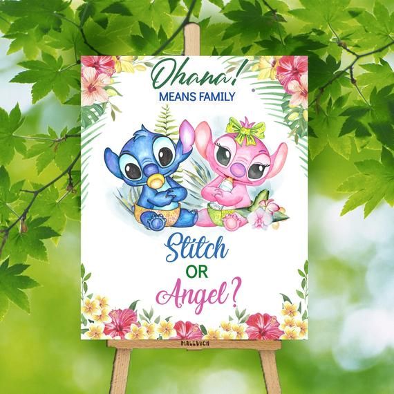 a sign that says, ohana means family stitch or angel? with two cartoon characters on it