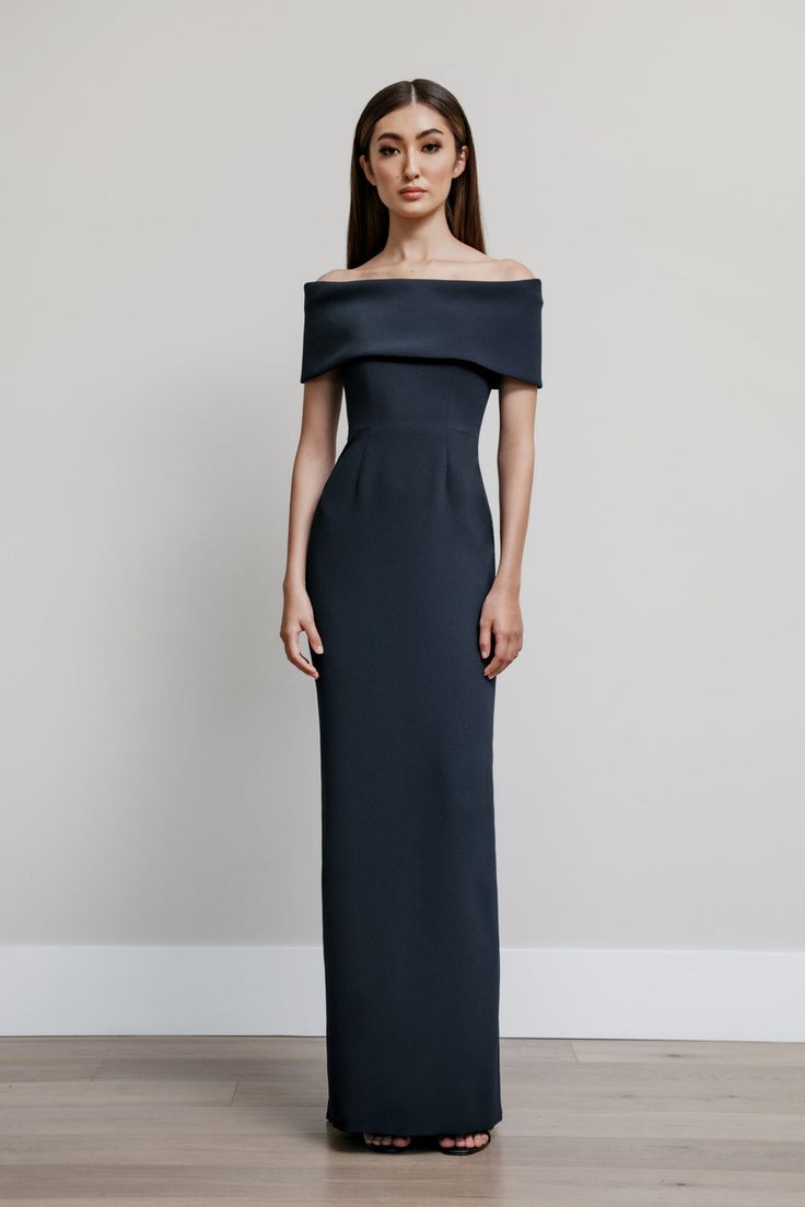 Off Shoulder Roll Collar Gown – Catherine Regehr Formal Gowns Elegant Modest, Hc Dresses, Catherine Regehr, Grad Dinner, Collar Gown, Concert Attire, Classy Outfits For Women, Back Skirt, Rolled Collar