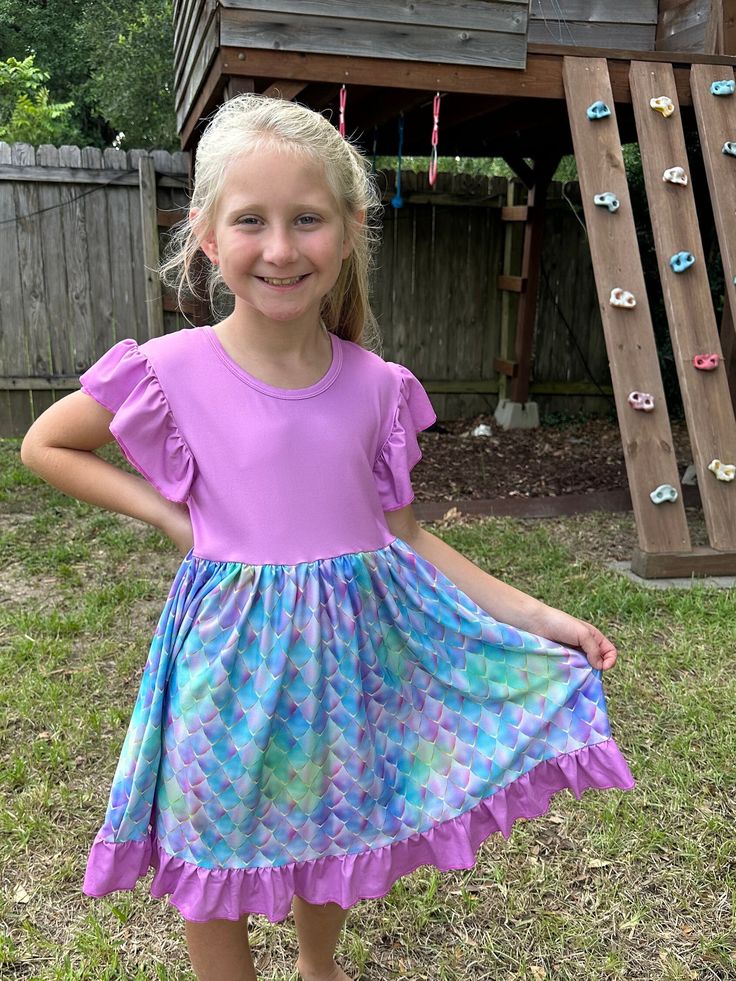 Pink Mermaid Scales Flutter dress. Super soft and comfy. Modest length. Moderate twirl. Ruffle bottom. Perfect for any occasion Jo Jo, Lafayette La, Pink Mermaid, Flutter Dress, Twirl Dress, Mermaid Scales, Bow Back, Dress Purchase, Jogger Set