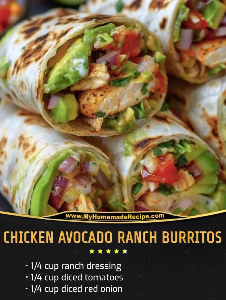 the chicken avocado ranch burritos are stacked on top of each other