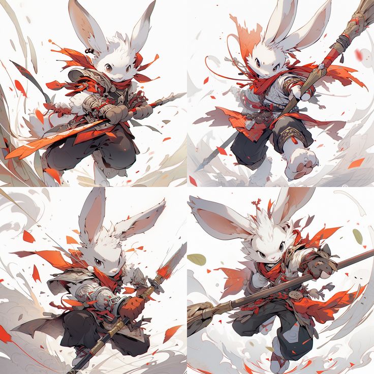 four different angles of an animated character with red hair and white skin, holding two swords