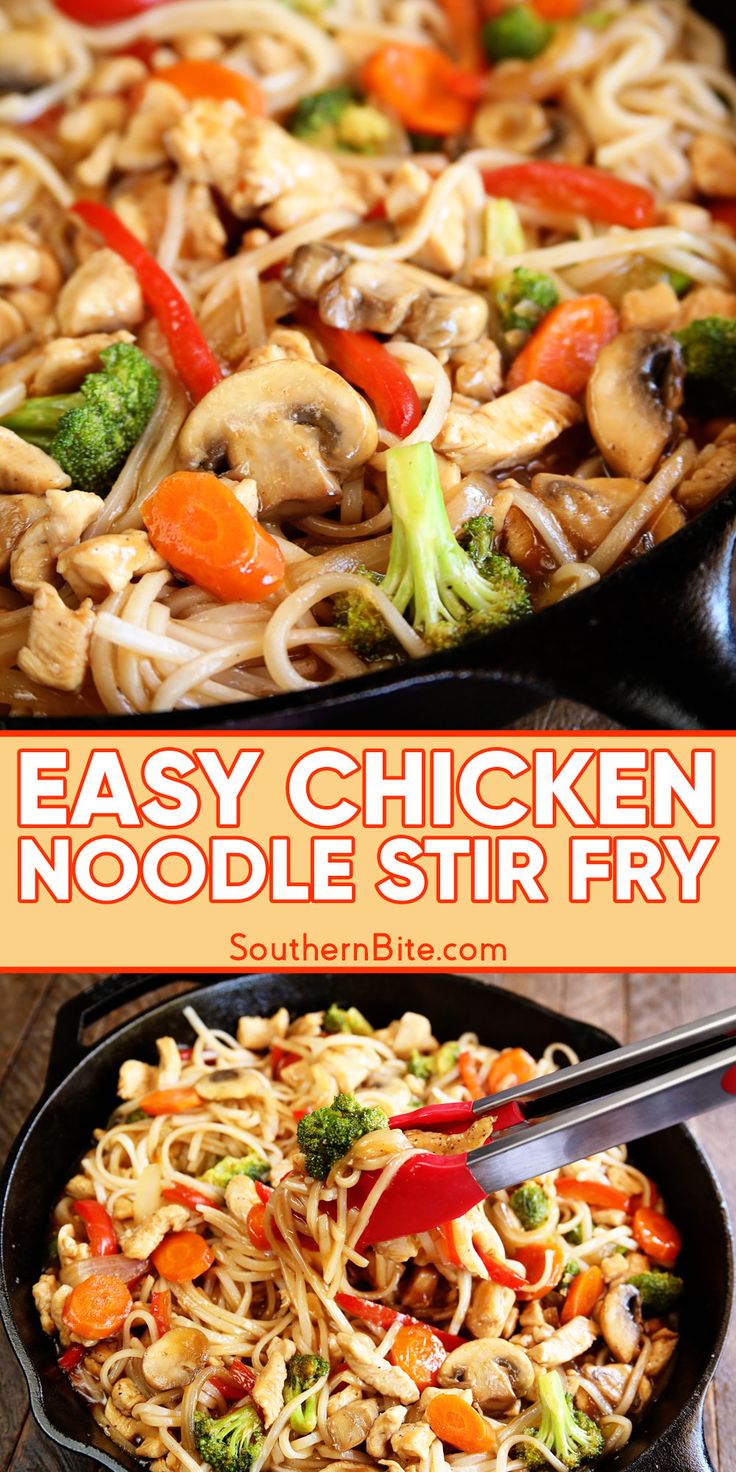 an easy chicken noodle stir fry in a skillet