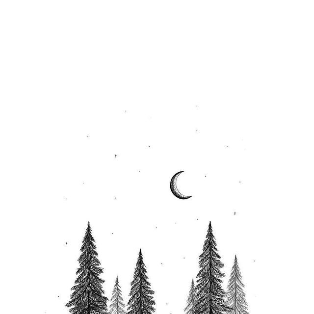 a black and white drawing of three trees with the moon in the sky above them