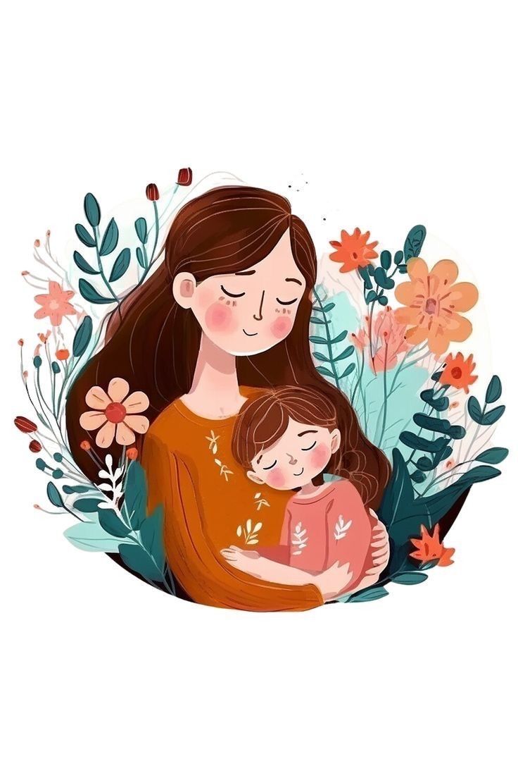 a woman holding a child in her arms surrounded by flowers and plants on a white background