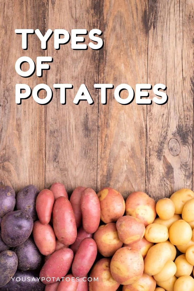 different types of potatoes sitting on top of a wooden table with the words types of potatoes above them