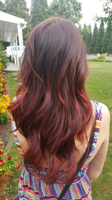 Dark brown hair with red ombre Dark Red Hair Over Brown, Brown Hair With Red Balayage Highlights, Red Brown Hair Ombre, Brown Into Red Ombre, Light Brown To Red Ombre, Brown On Top Red On Bottom Hair, Reddish Brown Ombre Hair, Light Red Ombre Hair, Natural Red Ombre Hair