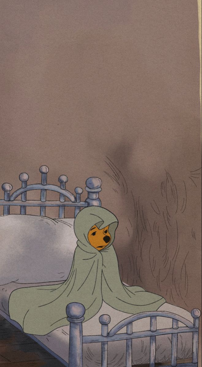 a cartoon character laying in bed with a blanket over his head and an orange dog peeking out from under the covers