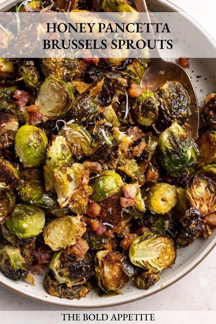 bowl of crispy honey pancetta Brussels sprouts Best Roasted Brussel Sprouts, Brussel Sprouts With Pancetta, Baked Brussel Sprouts, Pancetta Recipes, Crispy Brussel Sprouts, Roasted Sprouts, Holiday Side Dish, Sprouts Recipe, Bacon Brussel Sprouts